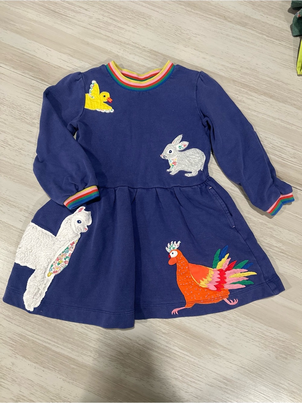 Girls Mini Boden Appliqué Long Sleeve Sweatshirt Dress 4-5 Farm Whimsy Woodland